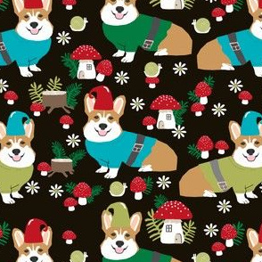 corgi gnomes black - cute woodland gnome mushrooms fabric