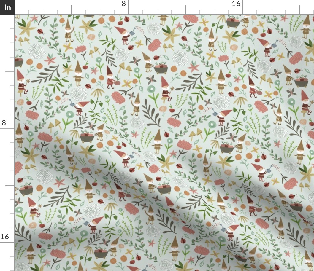 Fun in the Garden/ Gnomes Garden Fabric/Mint Garden