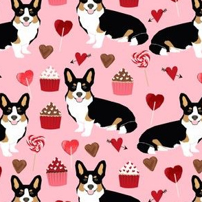 corgi tricolored valentines fabric valentines cupcakes love hearts pink cupcakes corgis