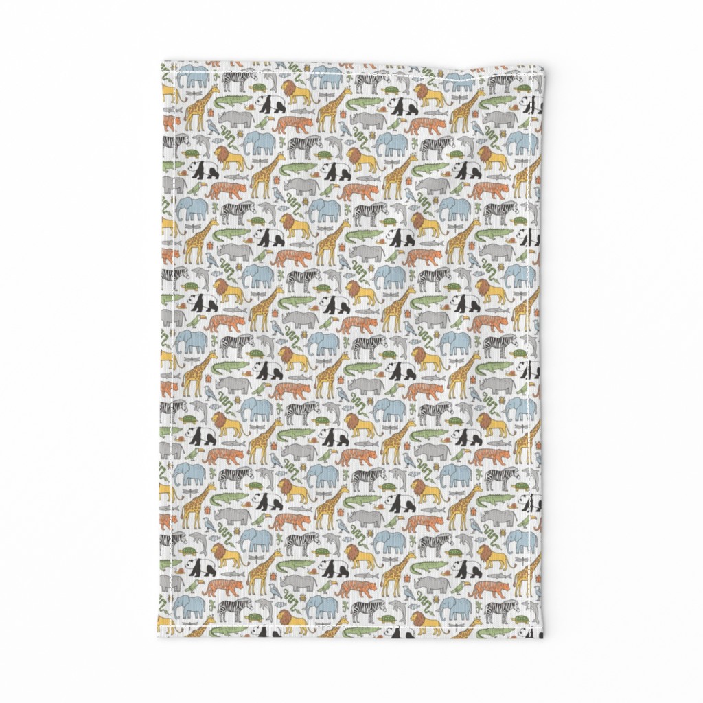 Zoo Jungle Animals Doodle with Panda, Giraffe, Lion, Tiger, Elephant, Zebra,  Birds Tiny Small