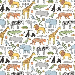 Zoo Jungle Animals Doodle with Panda, Giraffe, Lion, Tiger, Elephant, Zebra,  Birds Tiny Small