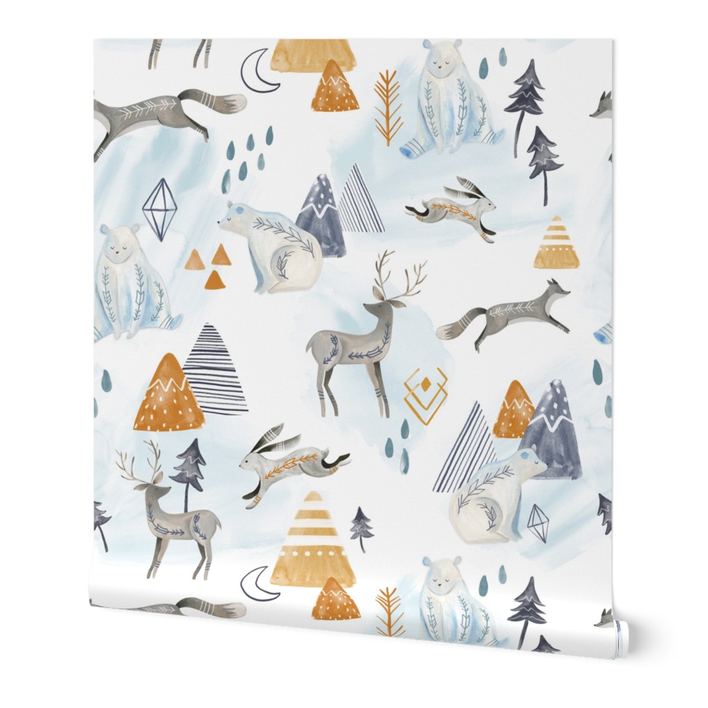 Northen Lights/ Woodland Artic animals/ Polar Bear Deer Bunny