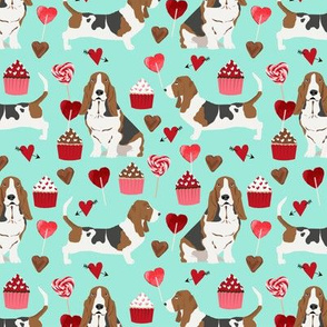 basset hounds valentines fabric cupcakes hearts love basset hounds valentines design - aqua