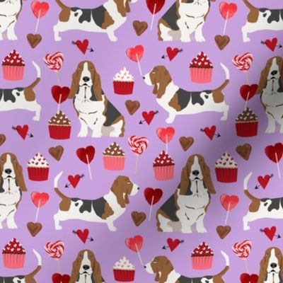 basset hounds valentines fabric cupcakes hearts love basset hounds valentines design - purple