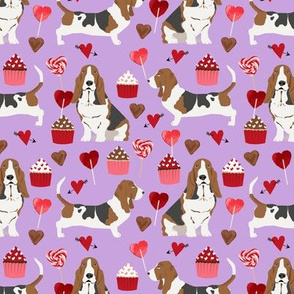 basset hounds valentines fabric cupcakes hearts love basset hounds valentines design - purple