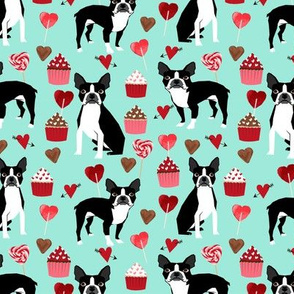boston terrier valentines fabric - love hearts cupcakes valentines day fabric border collies - aqua