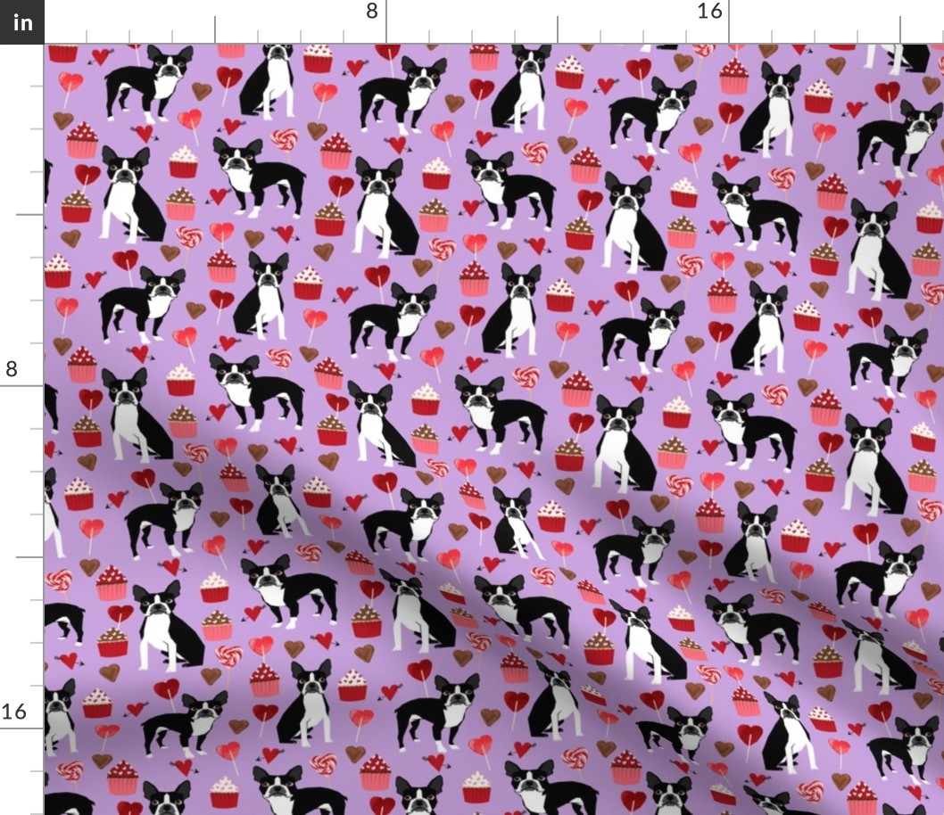 boston terrier valentines fabric - love hearts cupcakes valentines day fabric border collies - lilac