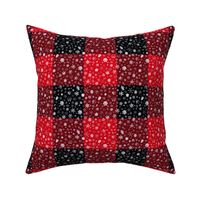 small snowflakes on 3" squares, red and black buffalo check