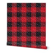small snowflakes on 3" squares, red and black buffalo check
