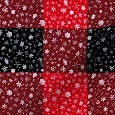 small snowflakes on 3" squares, red and black buffalo check