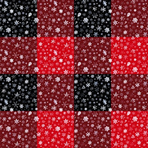 small snowflakes on 3" squares, red and black buffalo check