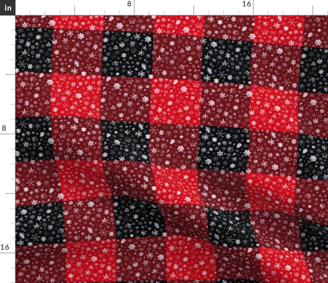 small snowflakes on 3" squares, red and black buffalo check