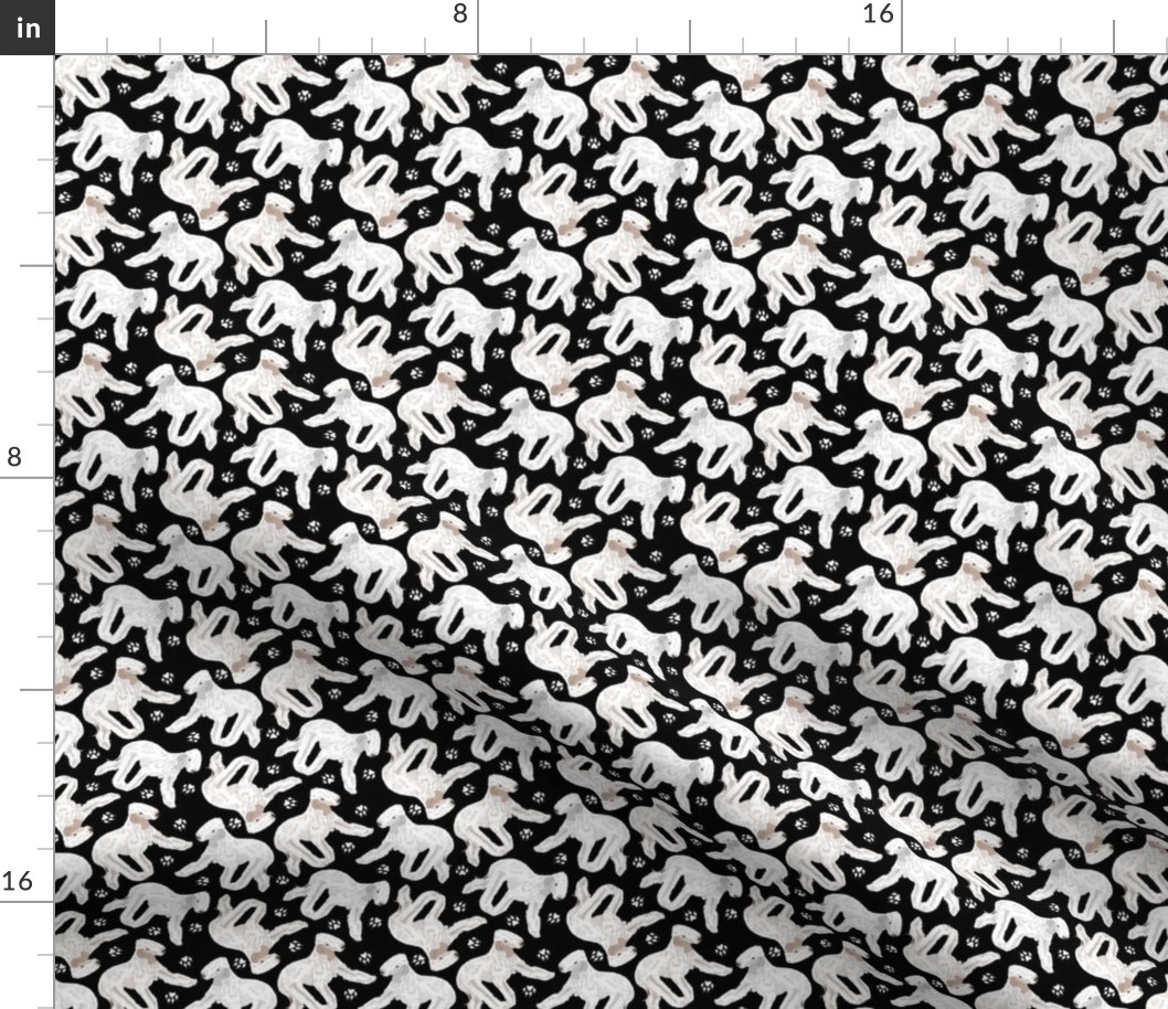 Tiny Trotting Bedlington Terriers and paw prints - black