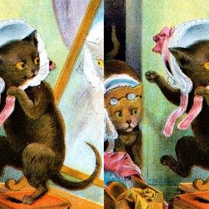 cats kittens playing mother parents children bonnets mirrors thread spool ball wool knitting needles vintage retro kitsch naughty whimsical