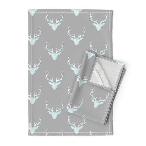 Watercolor Deer Head- mint on medium grey