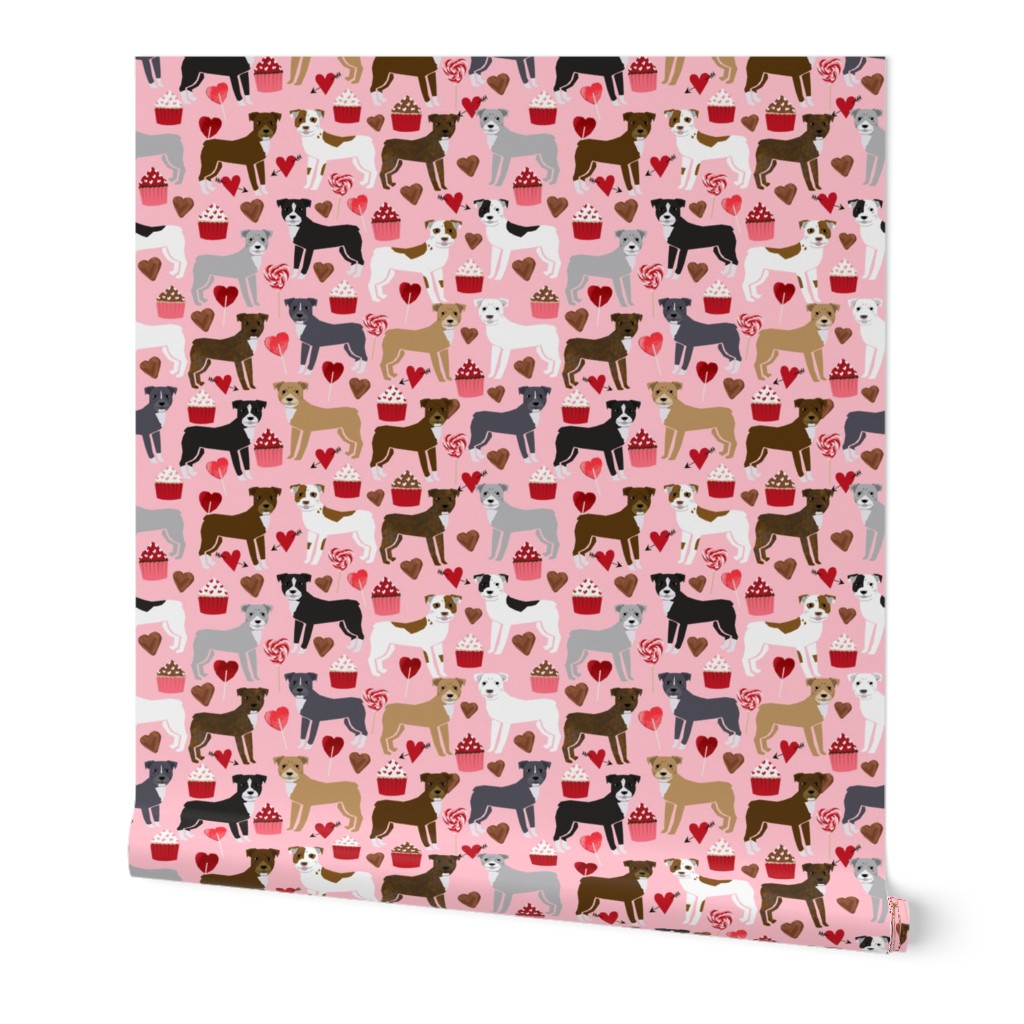 pitbull terriers dog love fabric cute valentines cupcakes and hearts fabric design