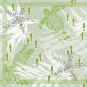 Sea Turtles & Kelp Linen Towel in Pantone Green & Gray