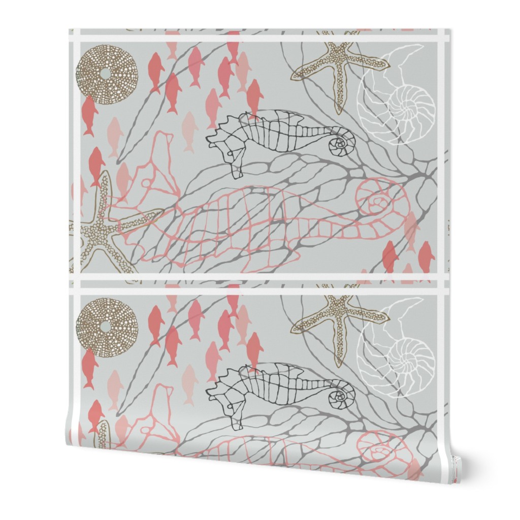 Seahorses and Kelp Tea towel in Coral & Gray Tones