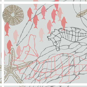 Seahorses and Kelp Tea towel in Coral & Gray Tones