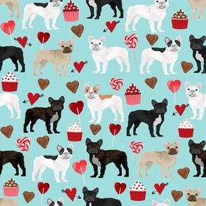 frenchies valentines fabric blue tint french bulldog valentines day love design