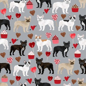 frenchies valentines fabric grey french bulldog valentines day love design