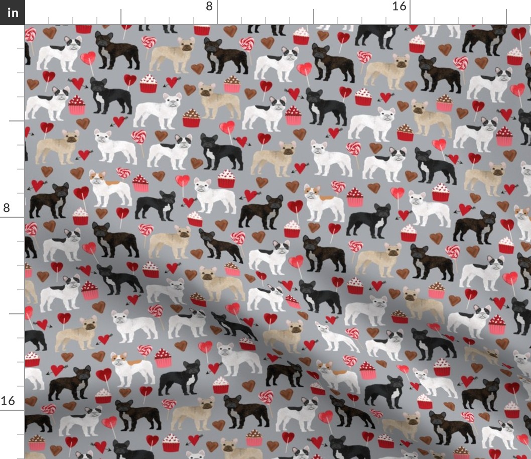 frenchies valentines fabric grey french bulldog valentines day love design