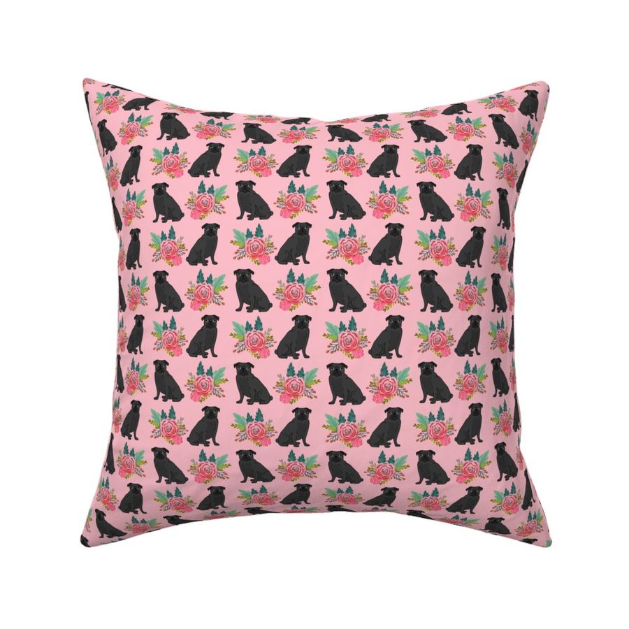 black pug floral fabric cute pink flowers pug fabric best black pug design