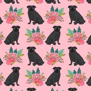 black pug floral fabric cute pink flowers pug fabric best black pug design