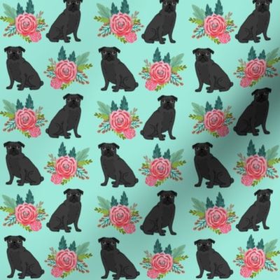 black pug floral fabric aqua mint pug design best pugs fabric