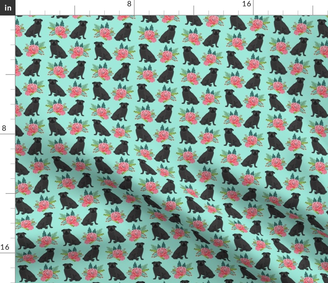 black pug floral fabric aqua mint pug design best pugs fabric