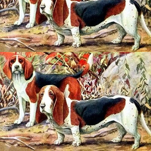 dogs basset hounds beagles forests trees leaves vintage retro whimsical