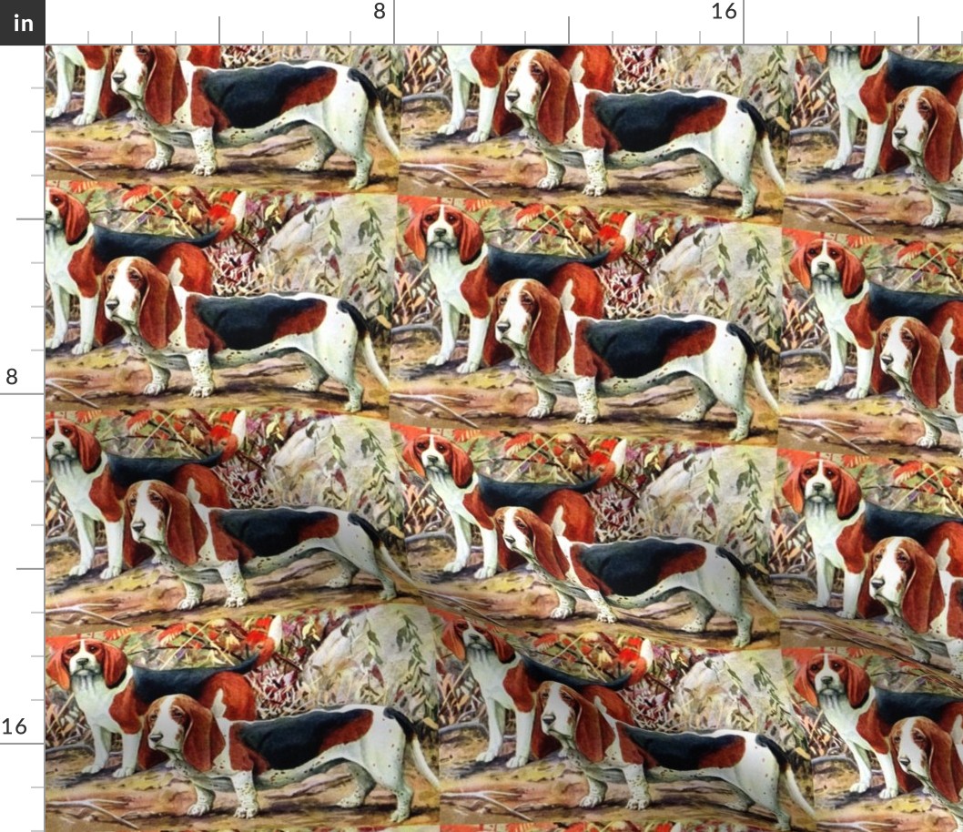 dogs basset hounds beagles forests trees leaves vintage retro whimsical