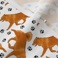 Tiny Trotting Finnish spitz and paw prints - white