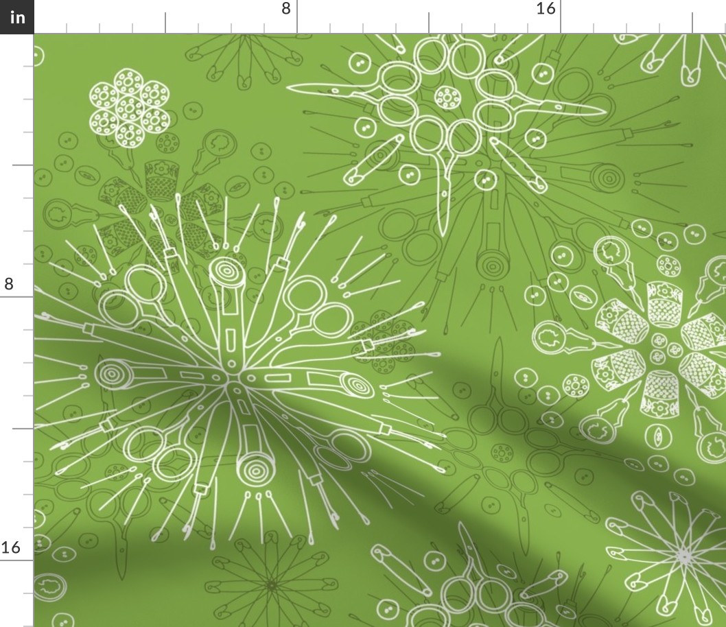 Greenery sewing notions in snowflake mandalas