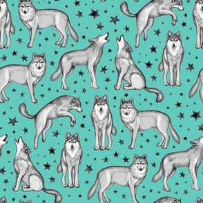 Wolves and Stars on Teal Green