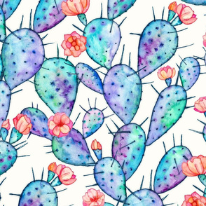 Rainbow Watercolor Cactus with Flowers large print