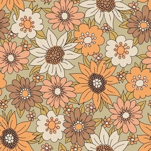 Fall Retro Floral in avocado green orange and brown