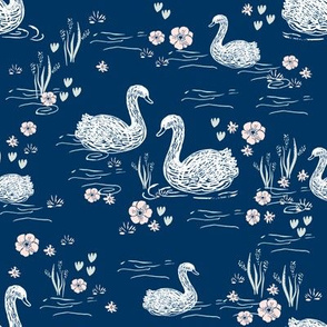 swans girls pastel navy blue swan fabric cute girls swan design