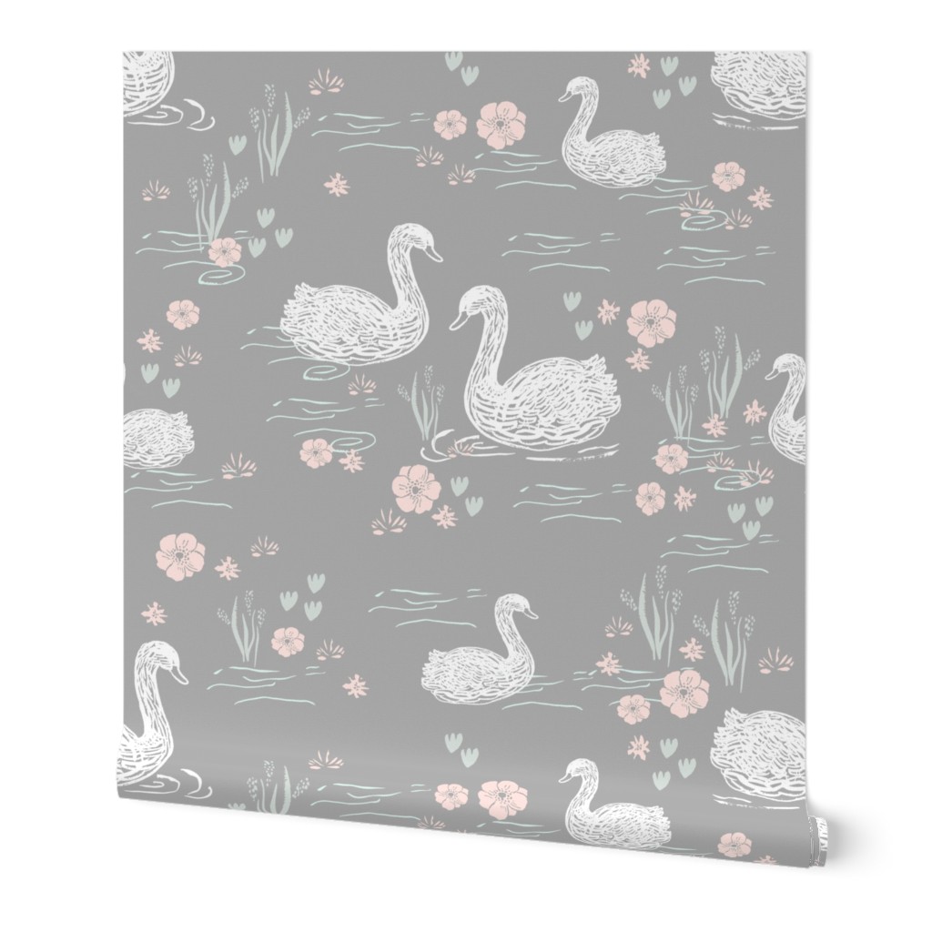 swans girls pastel  grey swan fabric cute girls swan design