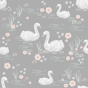 swans girls pastel  grey swan fabric cute girls swan design