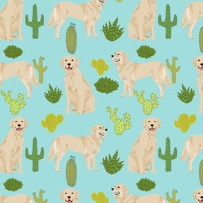 golden retriever cactus - blue tint cactus fabric cute dog design