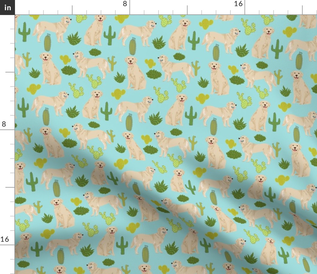 golden retriever cactus - blue tint cactus fabric cute dog design
