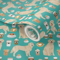 golden retriever fabric - turquoise - coffee fabric, coffee design