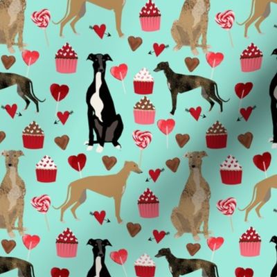 greyhounds valentines fabric - aqua - valentines love design, cute valentines love fabric