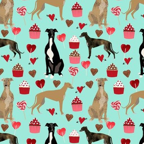 greyhounds valentines fabric - aqua - valentines love design, cute valentines love fabric