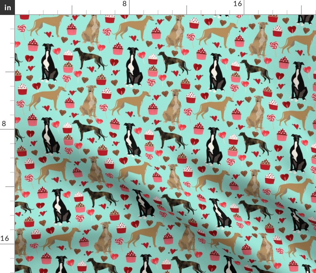 greyhounds valentines fabric - aqua - valentines love design, cute valentines love fabric