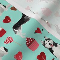 husky  valentines fabric - aqua - valentines love design, cute valentines love fabric