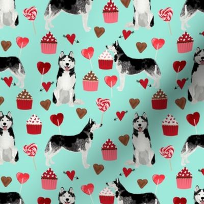 husky  valentines fabric - aqua - valentines love design, cute valentines love fabric