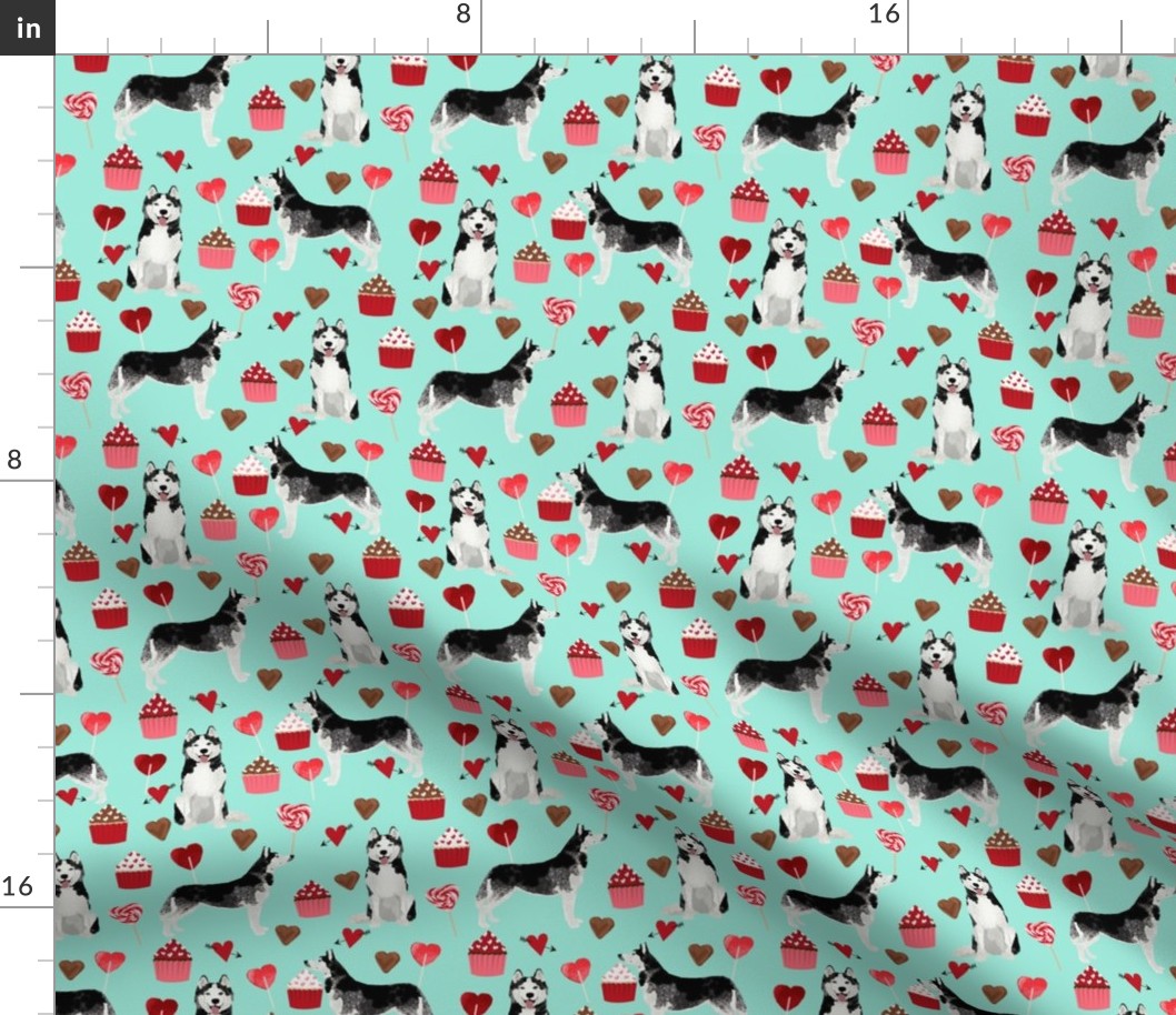 husky  valentines fabric - aqua - valentines love design, cute valentines love fabric