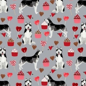 husky  valentines fabric - grey - valentines love design, cute valentines love fabric